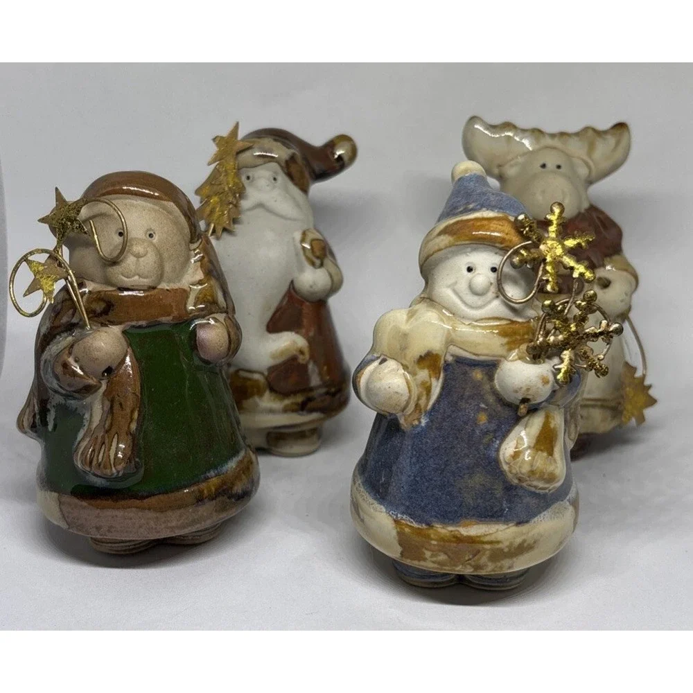 Pier 1 Christmas set of 4 Ceramic Figurines Santa Snowman Reindeer Bear